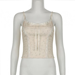 Lace hem bowknot ribbon print stitch cami top