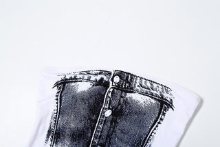 Contrast denim print slit backless tube maxi skirt set