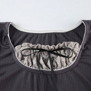 Long sleeve patchwork lace hem bowknot ruched top