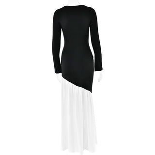 Long sleeve irregular crewneck ruched slit maxi dress