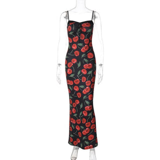 Fruit print lace hem knotted cami maxi dress