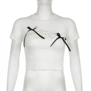 Short sleeve bowknot crewneck letter print top