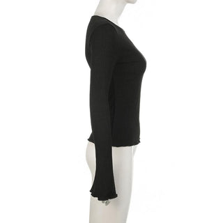 Long flared sleeve crewneck ribbed ruffle solid top