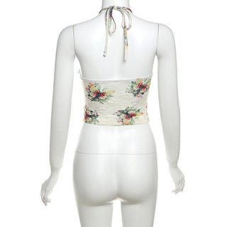 Halter ruffle u neck flower applique print top