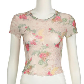 Short sleeve flower print ruffle sheer mesh top