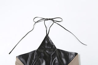 Halter PU leather star pattern backless crop top