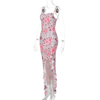 Cowl neck ruffle slit butterfly print cami maxi dress
