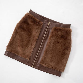 Cap sleeve fluffy PU leather patchwork zip-up mini skirt set