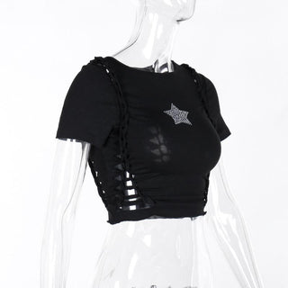 Short sleeve crewneck beaded hollow out cut out top