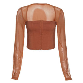 Square neck buttoned mesh long sleeve crop top - Halibuy