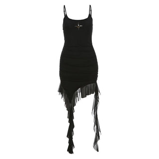 U neck sart applique ruffle irregular cami mini dress