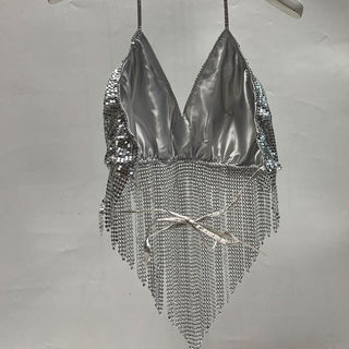 V neck halter self tie tassels glitter top