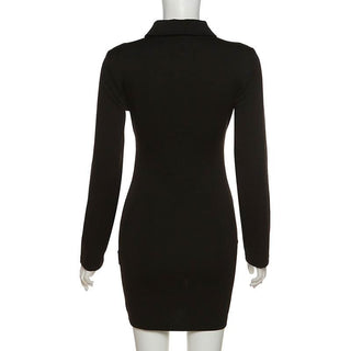 Long sleeve turnover collar button hollow out cut out mini dress
