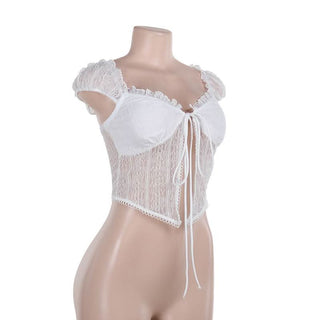 Ruffle v neck lace cap sleeve self tie crop top