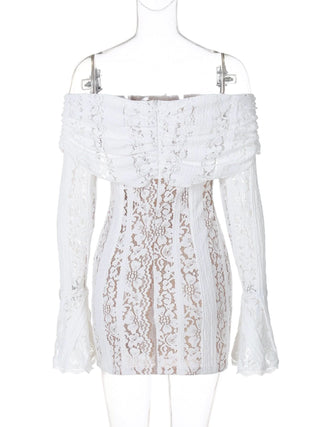 Off shoulder long sleeve lace bowknot mini dress