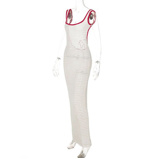 U neck backless knitted self tie cami maxi dress