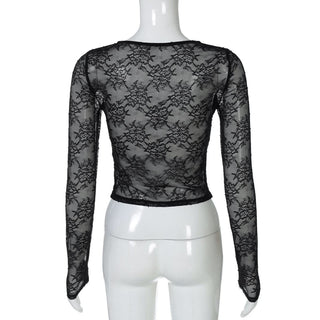 Long sleeve lace see through crewneck ruched top