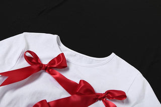 Short sleeve bowknot crewneck contrast top