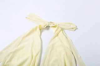 Halter ruched deep v neck high slit mesh maxi skirt set