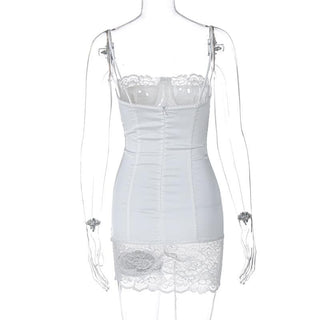 Lace patchwork stitch zip-up backless cami mini dress