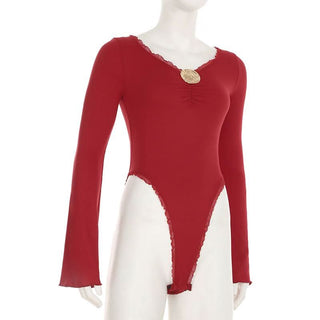 Ruched long sleeve v neck button ruffle bodysuit