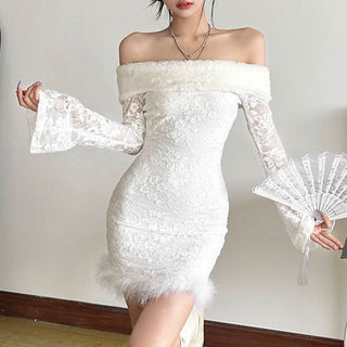 Off shoulder long flared sleeve feather lace mini dress