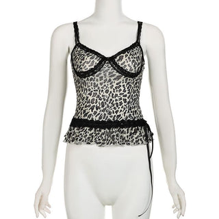 Leopard print bowknot see through mesh cami top