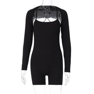 Solid ribbed cross back long sleeve shrug romper