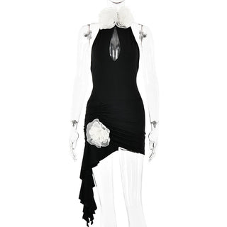 Halter ruched flower applique ruffle mini dress