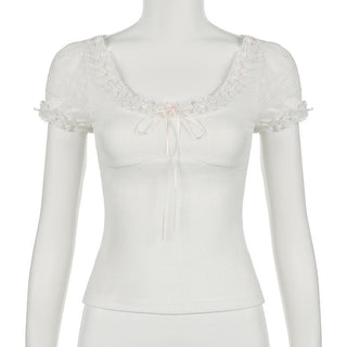 Short puff sleeve bowknot ruffle ribbed top