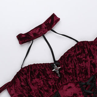 Halter velvet cross applique lace up top