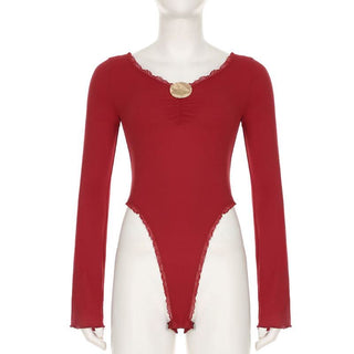 Ruched long sleeve v neck button ruffle bodysuit