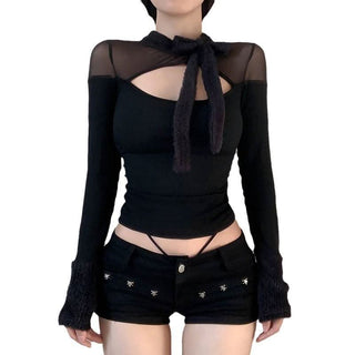 Long sleeve fluffy mesh hollow out cut out top