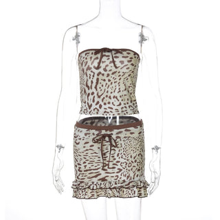 Leopard print bowknot ruffle tube mini skirt set