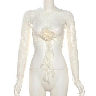 Long sleeve lace flower applique crop top