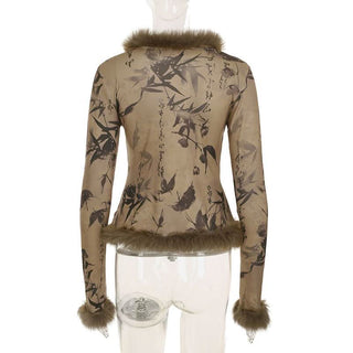 Long sleeve fluffy self tie print top