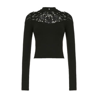 Long sleeve crewneck hollow out cut out top