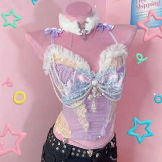 Bowknot beaded "Hello Kitty" pattern mesh cami top