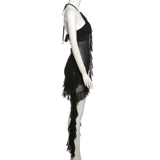 Halter sheer mesh ruffle backless mini dress