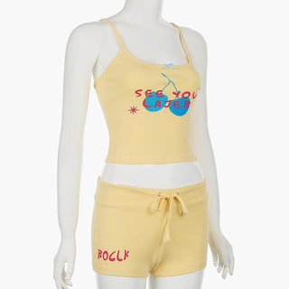 U neck letter print bowknot cami pant set