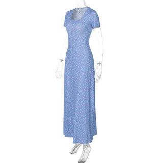 U neck flower print lace up maxi dress
