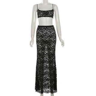 Lace see through u neck backless cami maxi skirt set