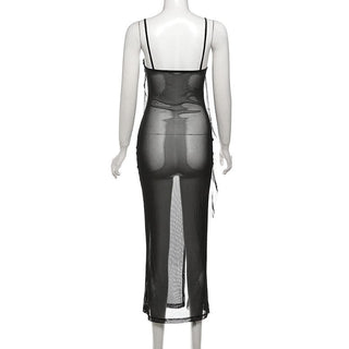 Sweetheart neck ruffle high slit sheer mesh cami midi dress