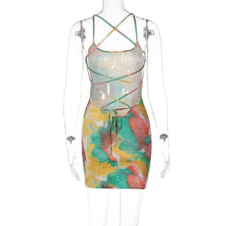 Tie dye lace up backless cami mini dress