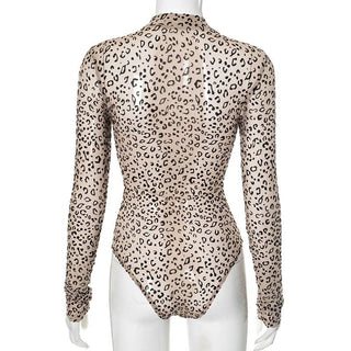 Long sleeve leopard print button sheer mesh bodysuit