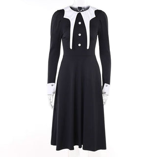 Long sleeve crewneck button applique zip-up midi dress