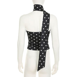 Irregular polka dot halter backless one shoulder top