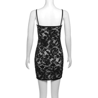 Lace hollow out see through u neck cami cut out mini dress