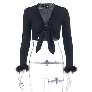 Feather knotted mesh see through long sleeve crop top