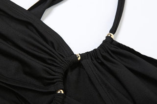 One shoulder hollow out metal applique cut out maxi dress